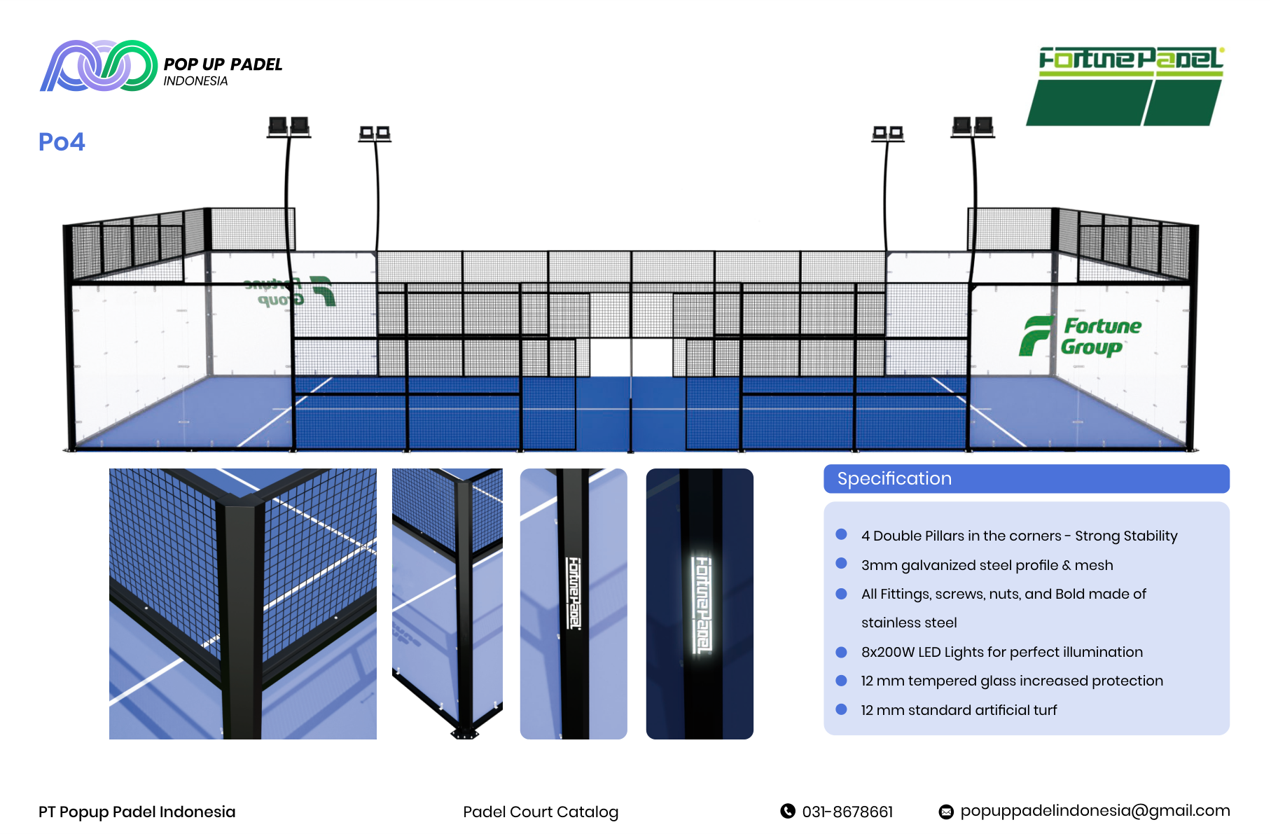 Fortune P04 — lapangan padel standard premium indoor outdoor